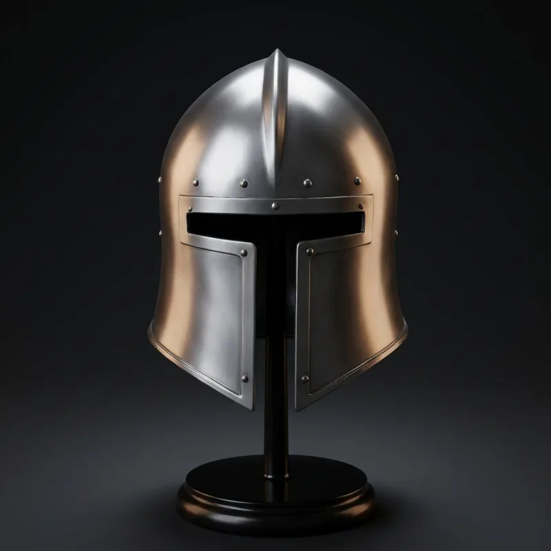 Steel Barbuta Helmet with Wooden Stand